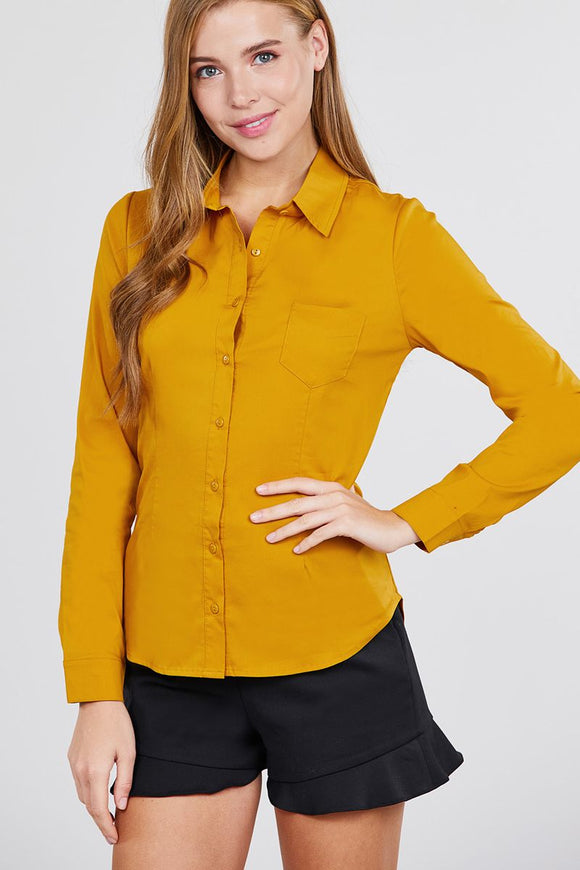 Long Sleeve Princess Line One Side Pocket Button Down Woven Shirts